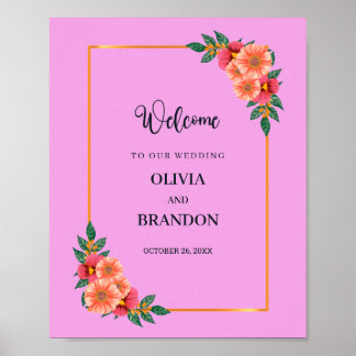 Poster Aquarelle Florale en Mariage Gold Frame Bienvenue