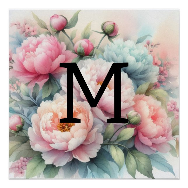 Poster Aquarelle florale monogramme bleu rose (Devant)