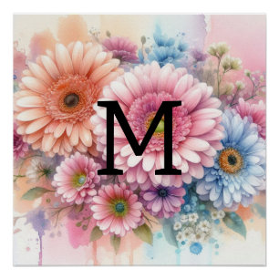 Poster Aquarelle florale monogramme rose marguerite