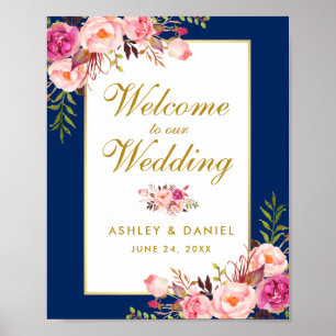 Poster Aquarelle Florale Rose Bleu Or Mariage Bienvenue