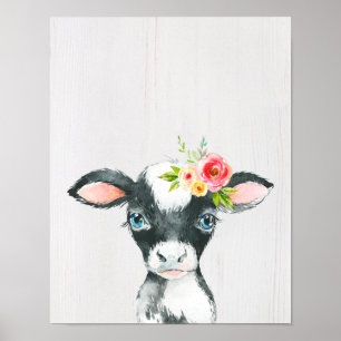 Poster Aquarelle Florale Vache noire et blanche