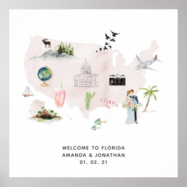 Poster Aquarelle Floride USA Destination Wedding Welcome (Devant)