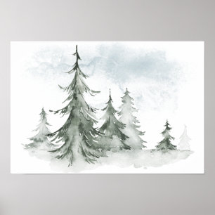 Poster Aquarelle Forêt de sapins rustiques hiver