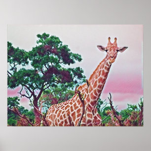 Poster Aquarelle Giraffe en rouge orange et vert