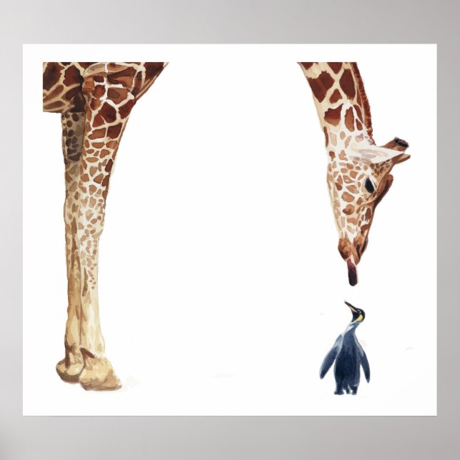 Poster Aquarelle Giraffe "Licker avec pingouin" (Devant)