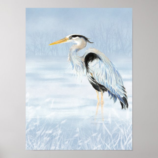 Poster Aquarelle Grand Héron Bleu Nature sauvage (Devant)