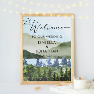 Poster Aquarelle Green Forest Mountain Mariage Bienvenue