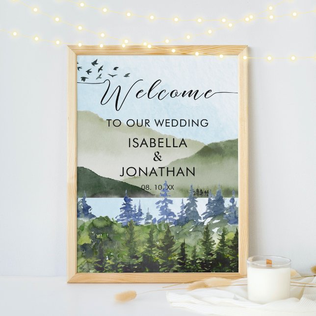 Poster Aquarelle Green Forest Mountain Mariage Bienvenue (Créateur téléchargé)