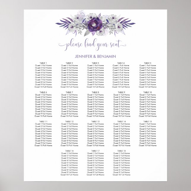 Poster Aquarelle gris argenté violet gris floral (Devant)