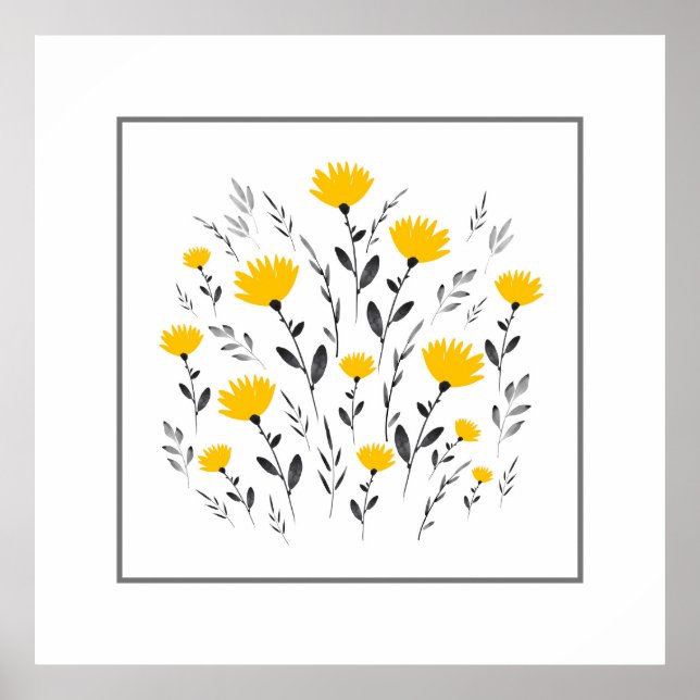 Poster Aquarelle gris jaune moderne Motif floral (Devant)