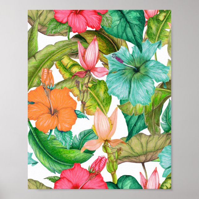 Poster Aquarelle hawaïenne tropicale Hibiscus Floral (Devant)