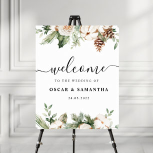 Poster Aquarelle Hiver Pin vert Arbre et Fleurs blanches