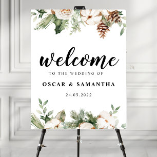 Poster Aquarelle Hiver Pin vert Arbre et Fleurs blanches