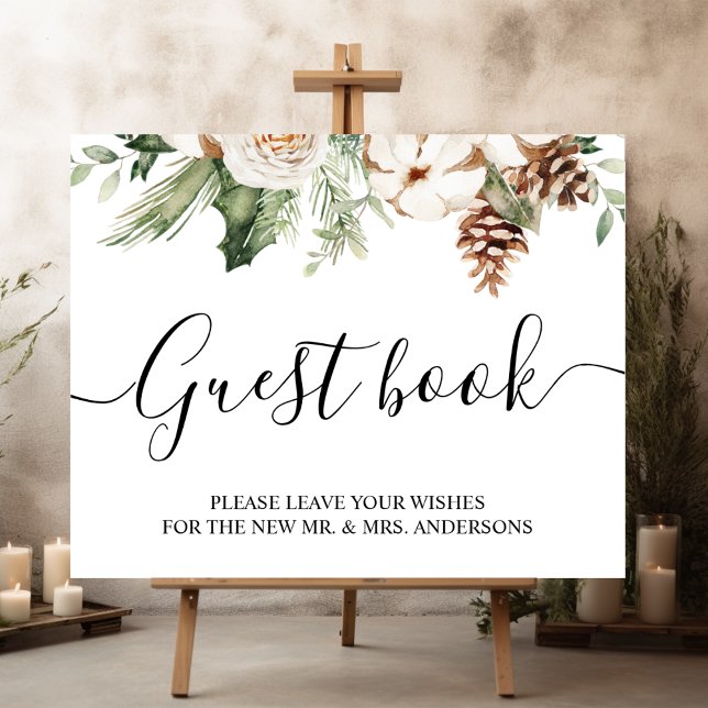 Poster Aquarelle Hiver Pin vert Arbre et Fleurs blanches (Créateur téléchargé)