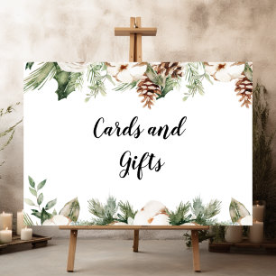 Poster Aquarelle Hiver Pin vert Arbre et Fleurs blanches