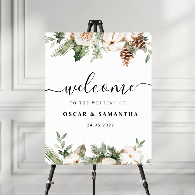 Poster Aquarelle Hiver Pin vert Arbre et Fleurs blanches (Créateur téléchargé)