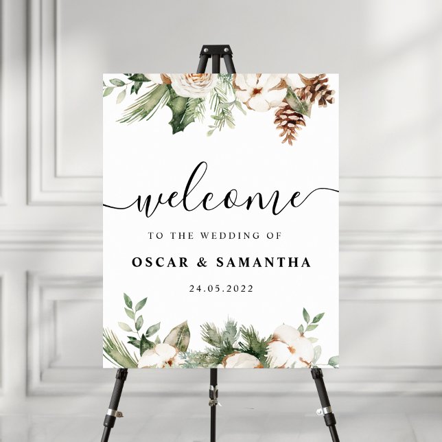 Poster Aquarelle Hiver Pin vert Arbre et Fleurs blanches (Créateur téléchargé)