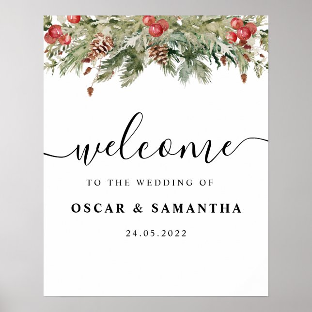 Poster Aquarelle Hiver Pine verte Arbre et Pine Cône (Devant)