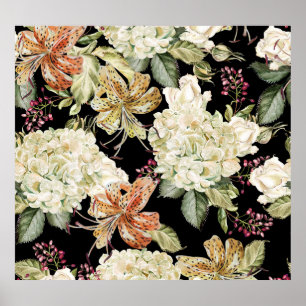 Poster Aquarelle Hydrangeas Lys : Motif Floral