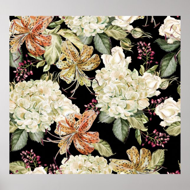 Poster Aquarelle Hydrangeas Lys : Motif Floral (Devant)
