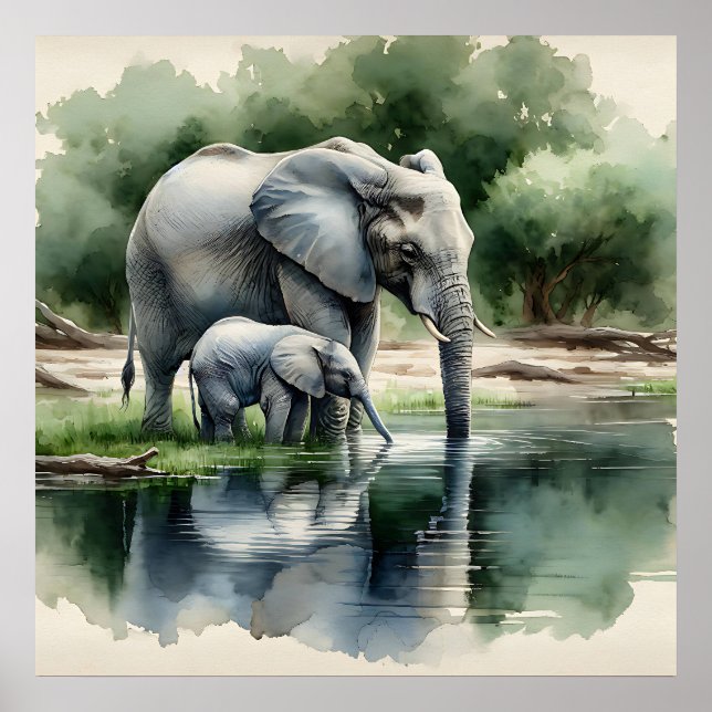 Poster Aquarelle Illustration de maman et bébé éléphant (Devant)