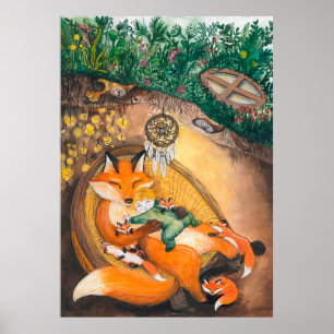 Poster aquarelle illustration d'un renard de chevreau sur
