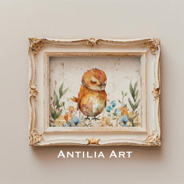 Poster Aquarelle Illustration Oiseau Champ floral rustiqu (Créateur téléchargé)