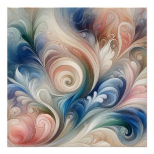 Poster Aquarelle Imaginaire Floral Pastel Bleu & Crème