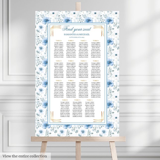 Poster Aquarelle intemporelle Bleu Bleu Plat-Siège Or (Timeless Watercolor Light Blue Gold Seating Chart)