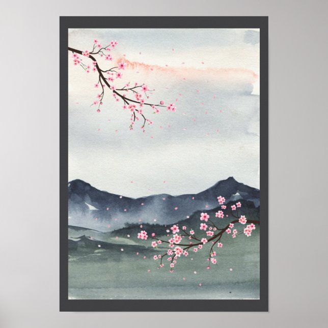Poster Aquarelle Japon paysage (Devant)