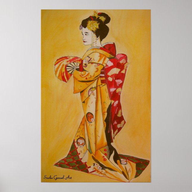 Poster aquarelle japonaise Geisha peinture d'art original (Devant)