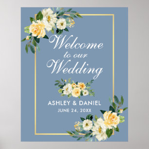 Poster Aquarelle Jaune Floral Dusty Blue Mariage