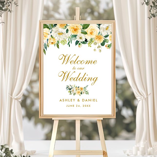 Poster Aquarelle Jaune or Mariage Floral Bienvenue (Customize to change text color, text size, text style or size of poster.)
