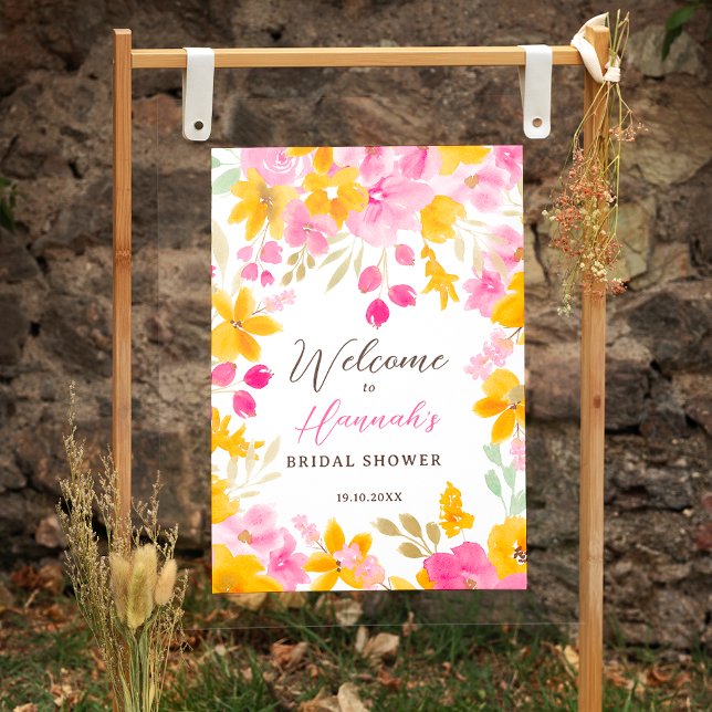 Poster Aquarelle jaune rose chic bienvenue (Chic yellow pink floral watercolor bridal welcome poster)