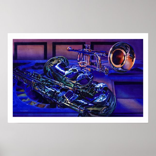 Poster Aquarelle "Jazz in Blues" Instruments de musique (Devant)