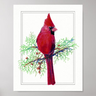 Poster Aquarelle Joyeux Noël, Cardinal Red Bird