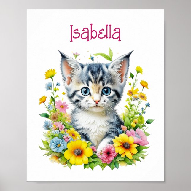 Poster Aquarelle Kitten Fleurs Personnalisées (Devant)