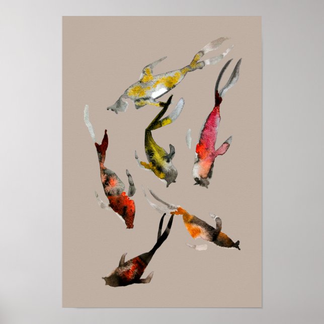 Poster Aquarelle koi poisson rouge brun or (Devant)
