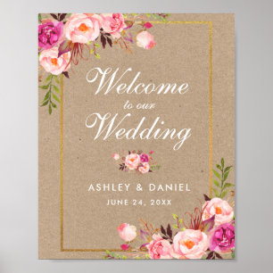 Poster Aquarelle Kraft Floral rose or Mariage Bienvenue