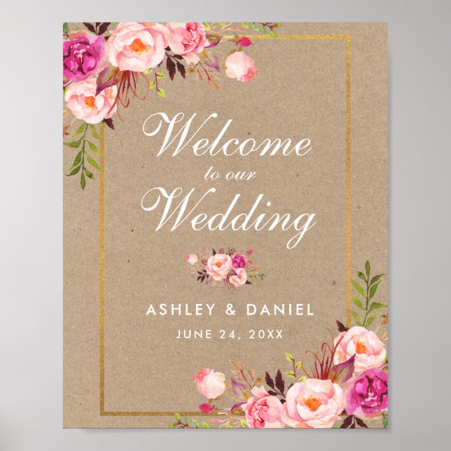 Poster Aquarelle Kraft Floral rose or Mariage Bienvenue (Devant)