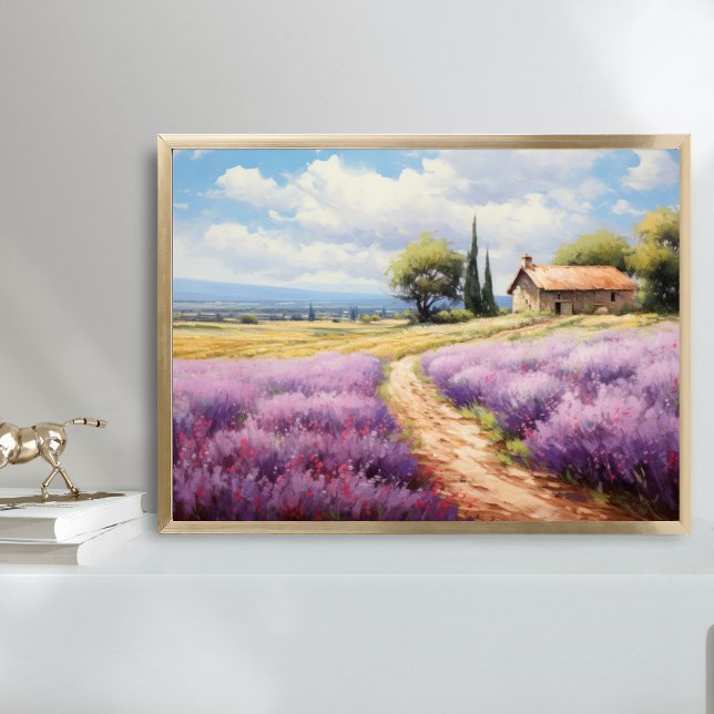Poster Aquarelle Lavender Fields Ferme Pays Art (Lavender Fields Watercolor Wall Art Poster Print. Country French Rustic Farmhouse)