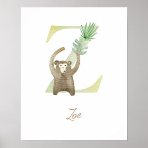 Poster Aquarelle lettre Z avec animal safari pour fille o