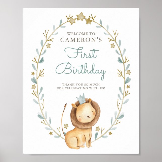 Poster Aquarelle Lion Prince Premier anniversaire Bienven (Devant)
