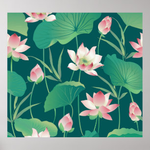 Poster Aquarelle lotus : fleurs vintages sans soudure.