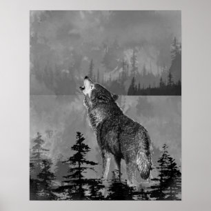 Poster Aquarelle Loup Animalier Hurlement Solitaire