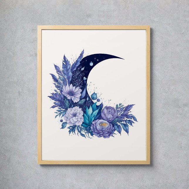 Poster Aquarelle Lune Mystique Céleste Violet Floral (Watercolor Moon Mystical Celestial Floral Purple Poster
)