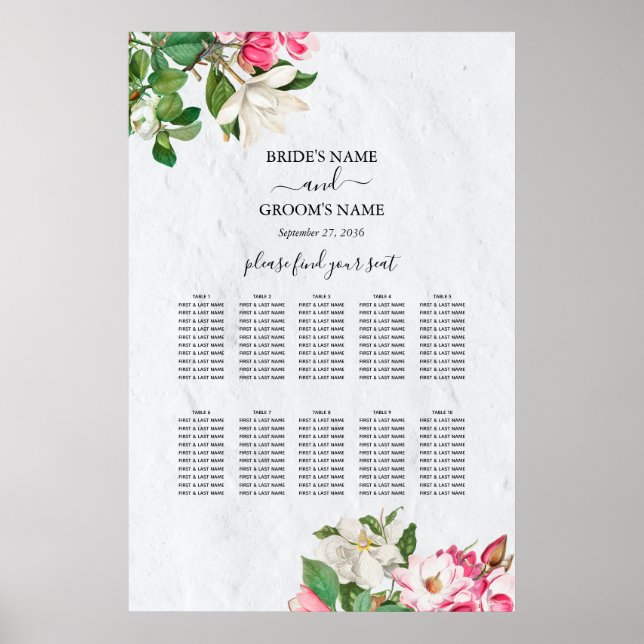 Poster Aquarelle Magnolia Fleurs Mariage Seating Chart (Devant)