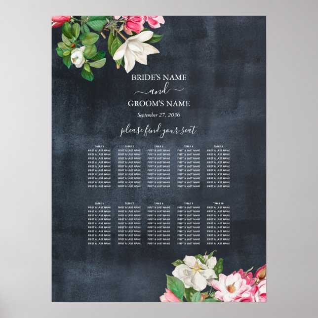 Poster Aquarelle Magnolia Fleurs Mariage Seating Chart (Devant)