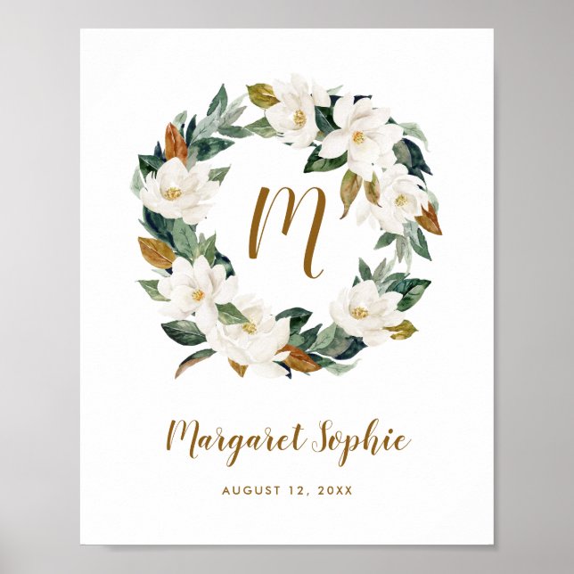 Poster Aquarelle Magnolia Pépinière de couronnes pour béb (Devant)