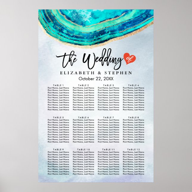 Poster Aquarelle mariage et aquarelle Turquoise et or (Devant)
